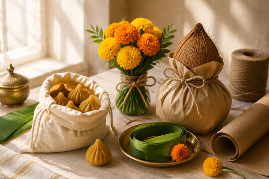 Gift wrapping station with modak sweets in cotton pouch, marigold flowers tied with twine, coconut in brown paper, banana leaf ribbon