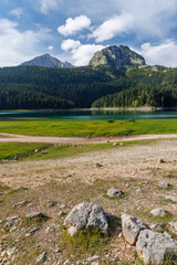 Naklejka premium Calm lake with forest reflection under blue sky
