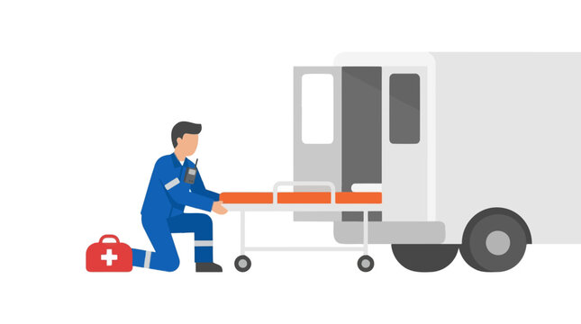 Paramedic with ambulance and medical stretcher vector. Emergency medical technician loading gurney into rescue vehicle. First responder healthcare illustration.