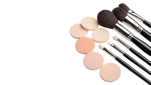 Professional makeup brush set with face powder palettes cosmetics isolated on a white background