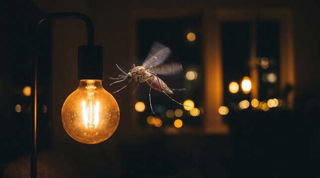 Close Up of a Mosquito Flying Near a Glowing Vintage Light Bulb at Night