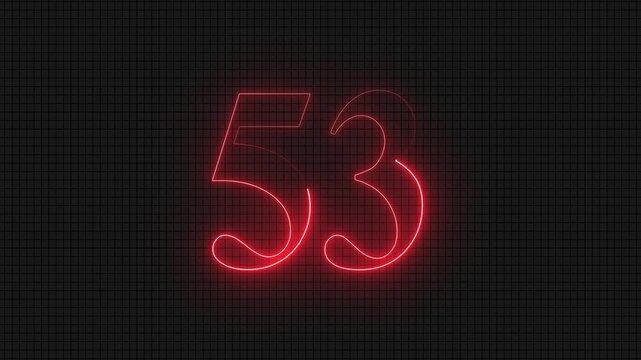 Neon glowing digital number fifty three on grid background