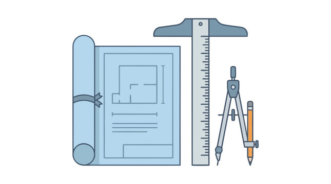 Architectural blueprint vector illustration, engineering drawing with t-square and compass, construction planning tools icon