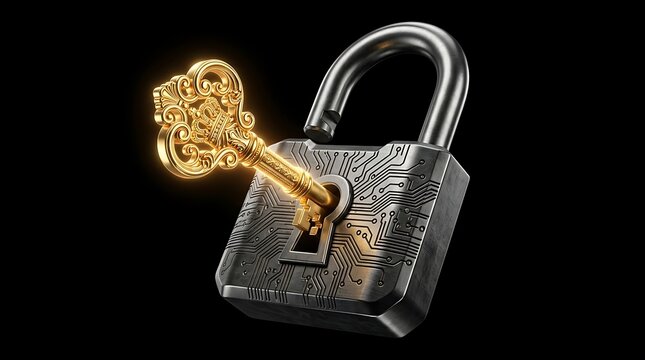 Ornate golden vintage key inserted into a modern heavy metallic padlock featuring intricate glowing electronic circuit board patterns etched upon the surface isolated against a deep black studio backg