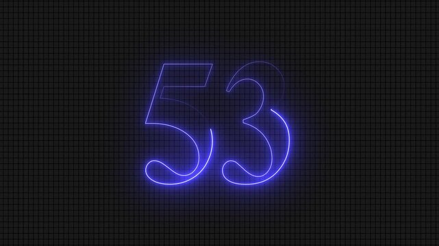 Glowing neon number fifty three on grid background