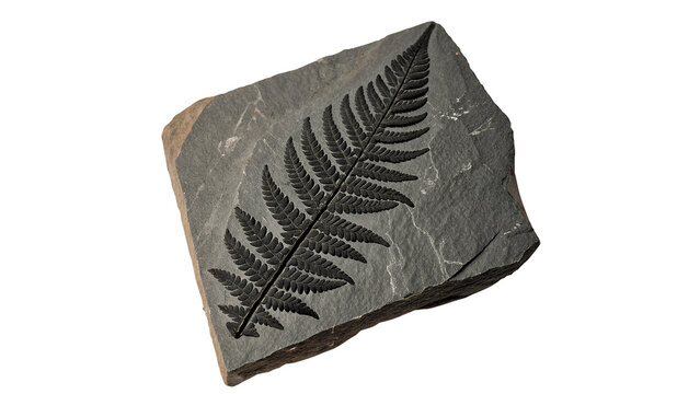 Ancient petrified fern leaf branch fossil geology specimen isolated on a white background