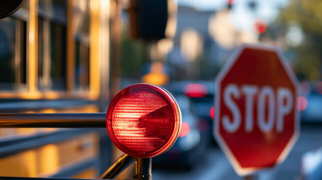 school bus stop arm with a red octagonal sign warning drivers to halt when flashing lights activate, displayed in bright daylight, traffic safety concept, bright, with copy space