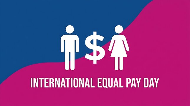 International Equal Pay Day graphic showing equal sign and dollar symbol between man and woman icons.