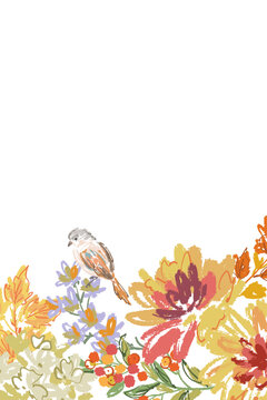 Crayon-Style Botanical Card Background with Hand-Painted Autumn Flowers, Leaves, and a Little Bird. Vector File.