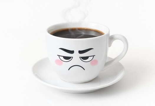 White ceramic coffee cup with a grumpy cartoon face design holding steaming hot black coffee on a saucer