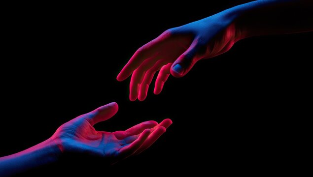 Two hands reaching out in vibrant neon light