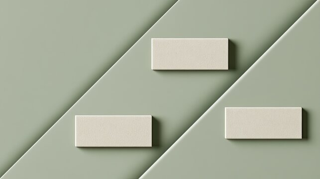 Three cream-colored rectangles rest on a subtle, textured sage green background