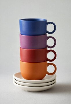 Stack of colorful ceramic coffee cups with matching saucers on a neutral grey background