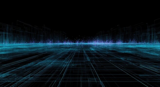 Digital expanse of glowing blue lines receding into a dark, abstract horizon