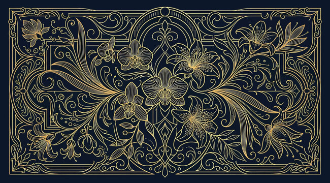 Intricate gold floral pattern on dark blue background, ornate baroque style decorative wallpaper or luxury frame design with detailed botanical filigree elements