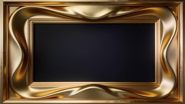 Spotlights activating gold frames morphing in gallery, dark panel sliding, accenting sheen