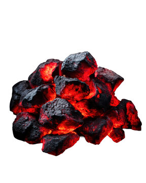 Pile of glowing charcoal embers isolated on white background