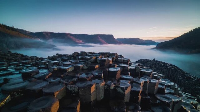 Pulling back camera revealing hexagonal basalt columns on rocky shore, showing mist and dawn view