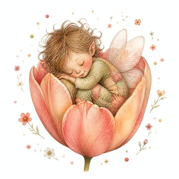 Fairy Child Sleeping Inside a Giant Tulip Flower Cup