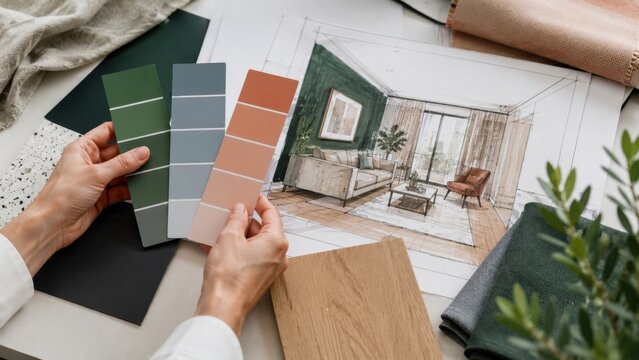 Interior Designer Choosing Color Palette and Materials for Modern Living Room Design Project