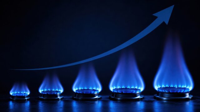 Increasing blue gas flames with upward arrow symbolize rising natural gas prices, energy costs, heating bills and market inflation.