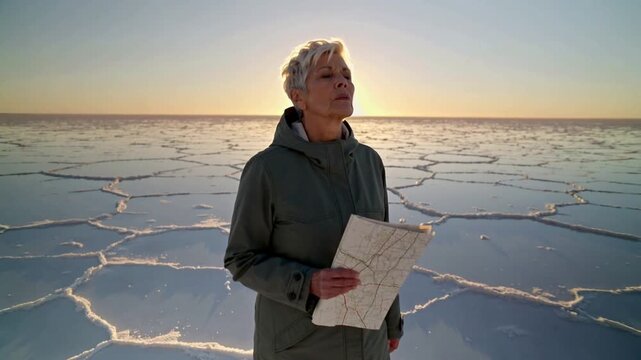 Looking senior woman using sun shifting behind head to orient map on salt flat, wearing coat