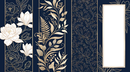 Set of four elegant vertical botanical panels with golden floral line art on navy blue background, including peonies, ferns, and blank frame space © Saharia