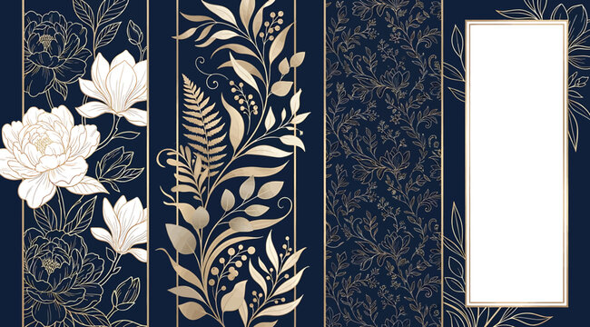 Set of four elegant vertical botanical panels with golden floral line art on navy blue background, including peonies, ferns, and blank frame space