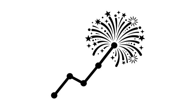 Decorative black line graph icon merging into a festive firework display with scattered stars and sparkles isolated on white background representing financial growth and successful business targets fo