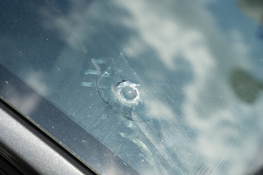 Car windshield damage caused by a stone impact. Auto insurance and glass damage from a stone or a nut dropped by a crow. Repair costs and road safety risks.