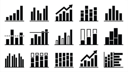 Obraz premium A collection of various black and white business icons representing different types of bar graphs and data charts