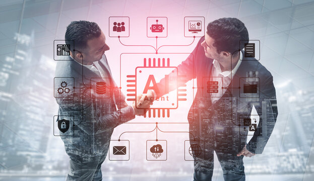Business partners shaking hands with futuristic technology graphic overlay showcasing artificial intelligence and data management concepts in modern office setting. Glyphic.