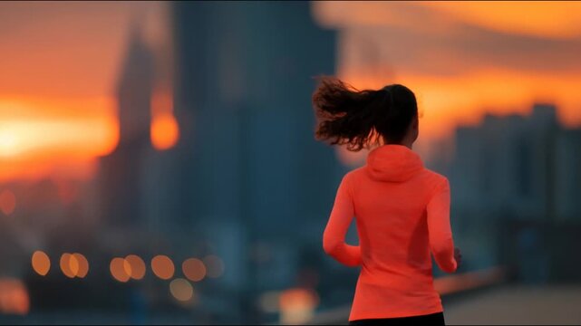 A woman in an orange hoodie runs away from the camera against a blurred city sunset with bokeh lights.