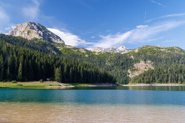 Naklejka premium Calm lake with forest reflection under blue sky