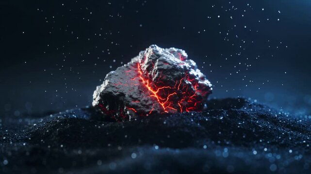 Fissure brightening, igneous rock glowing veins, releasing energy and particles in close-up
