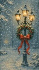 Fototapeta premium Winter lamppost festive scene.