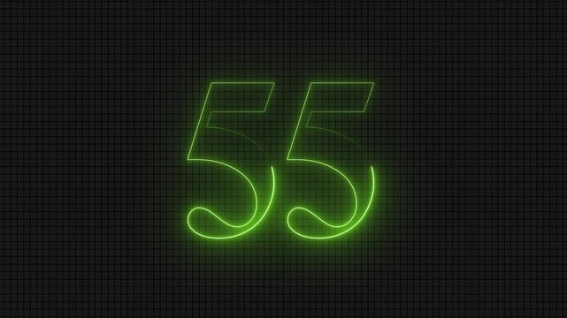 Neon green glowing digital number fifty five on grid background
