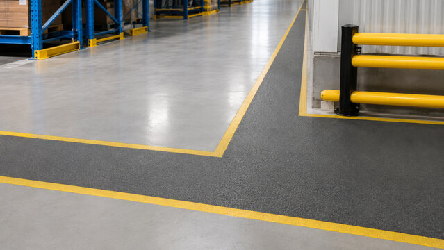Industrial warehouse floor with yellow safety lines, gray non slip surface, and protective barrier for trip prevention and safe navigation