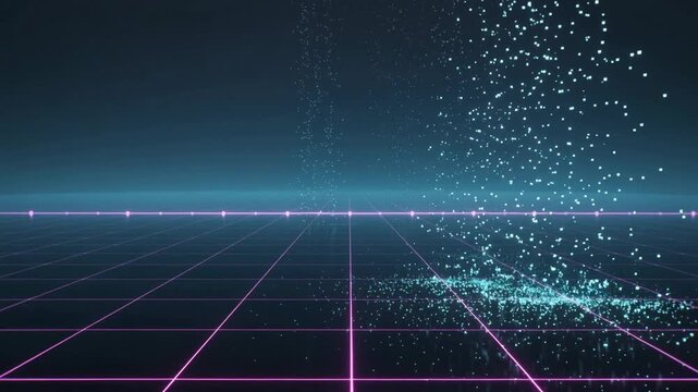 Appearing cyan particle cluster rising right causing hovering wireframe sphere fading on neon grid