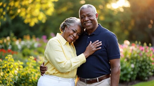 Affectionate elderly african american couple enjoying their retirement, embracing and smiling at each other in a vibrant flower garden with warm, golden hour sunlight in the background