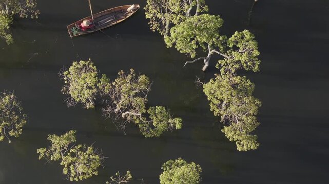 Aerial drone view of a fisherman rowing across Tuyen Lam Lake at sunrise near Suoi Tia in Xuan Huong, Da Lat, Vietnam, surrounded by peaceful pine forests.