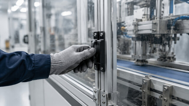 Gloved hand opening machine guard in modern factory, safety equipment, industrial automation, secure environment, technology