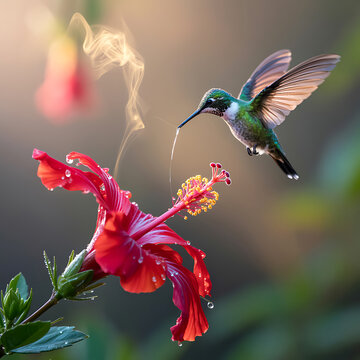 Hummingbird hovering near red hibiscus flower, tiny bird drinking nectar from tropical blossom, nature wildlife photography