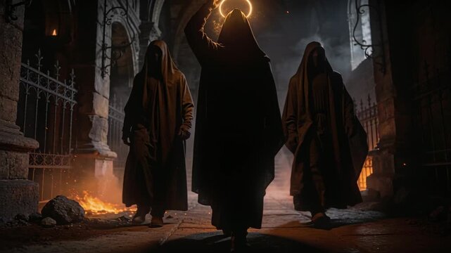 Walking robed monk raising hand, calling halo forth, leading ritual march through crypt, embers