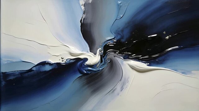 Showing abstract painting forming spiral ridge on studio canvas as wet paint shifting, glossy beads