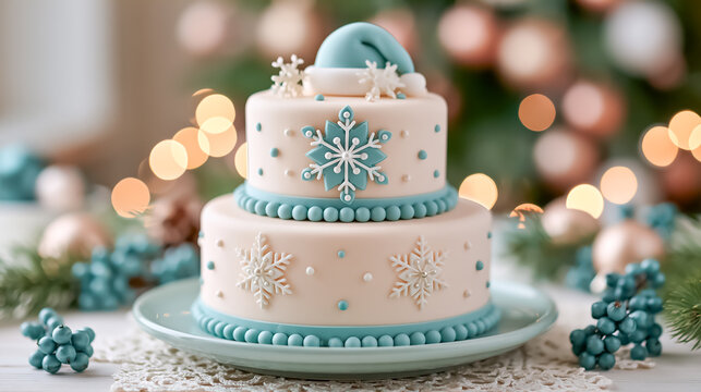 Delicious holiday festive cake on a plate, decorated with Santa hats
