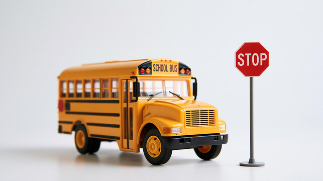 bright yellow school bus with a stop sign displayed on a bright white background, back to school concept, transportation, minimal, clean, bright, with copy space