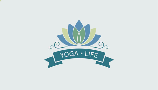 Clean yoga studio logo featuring a multi colored lotus flower above a blue ribbon containing the text Yoga Life.