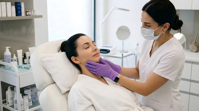 A skilled professional performs a cosmetic treatment on a relaxed patient in a clean modern medical spa setting