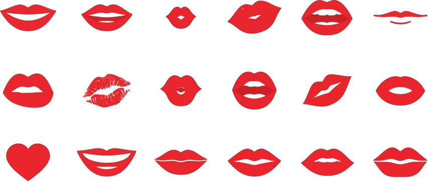 Red lips collection set of various expressions on white background with diverse vect